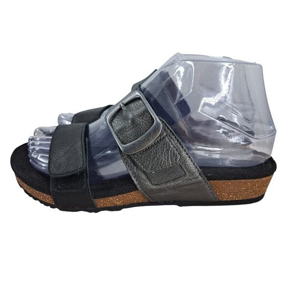 Aetrex Daisy Leather Black Silver Metallic Wedge Sandals Size 36 US 6 Adjustable - Picture 4 of 13